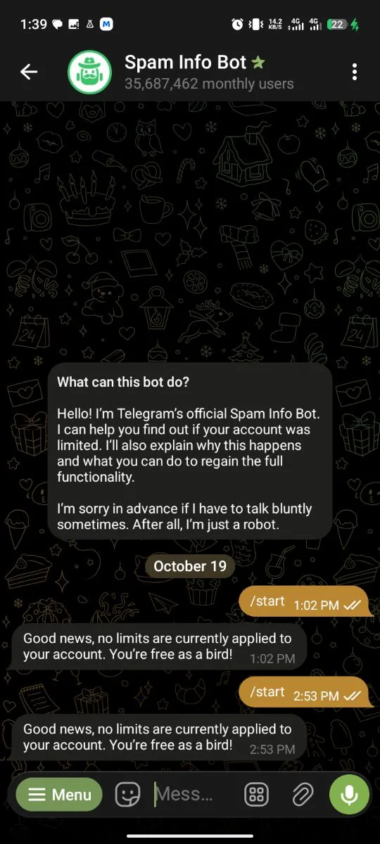 Clean May 2024 Premium Account | SpamBot Free as a Bird (Telegram), screenshot 2 of 4