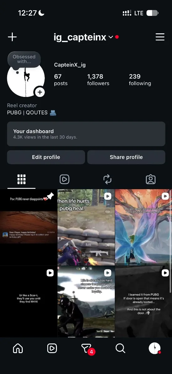 PUBG Mobile Gaming Instagram Account – 1.37K Followers, 1.14M+ Video Views, screenshot 1
